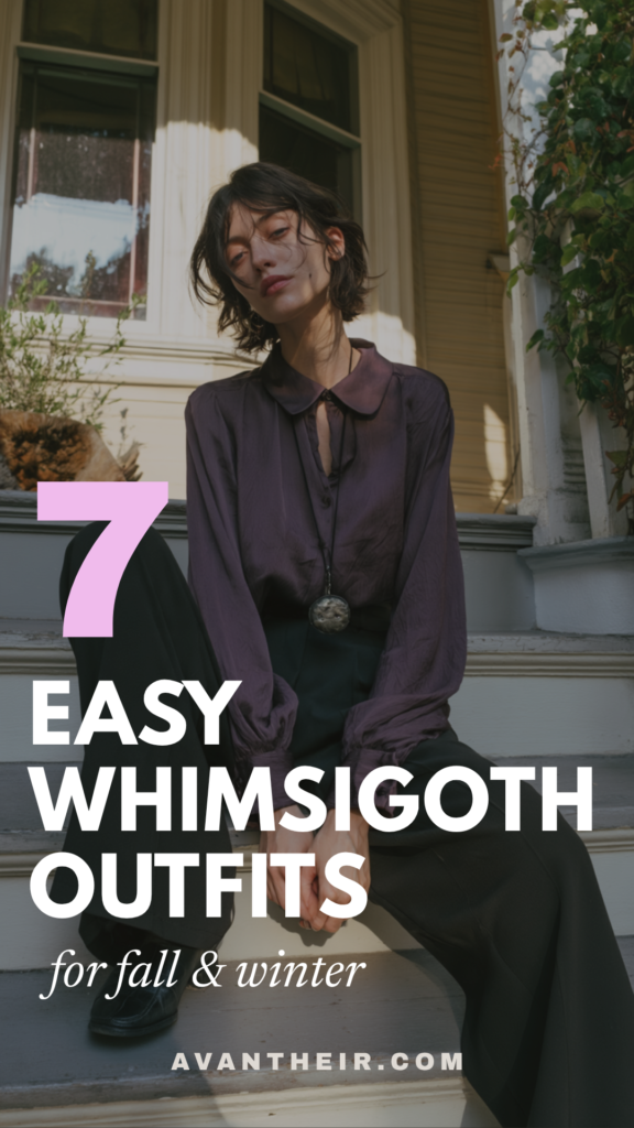 7 easy whimsigoth outfits for fall and winter—purple blouse, wide-leg pants look; seasonal goth style guide.
