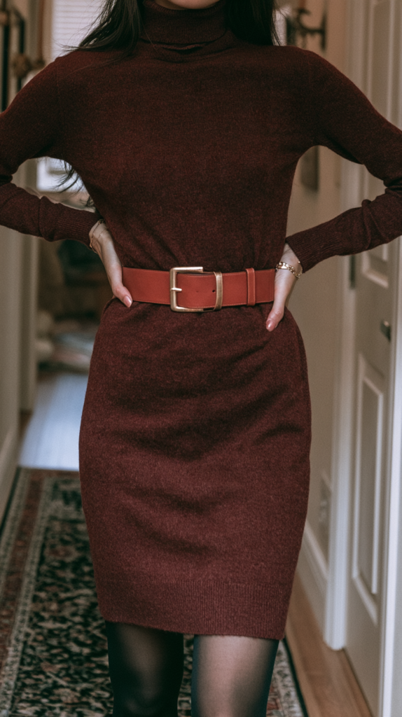 winter-old-money-outfits-inherited-cashmere-sweaterdress Burgundy turtleneck sweater dress styled with wide leather belt and black tights, chic fall outfit indoors
