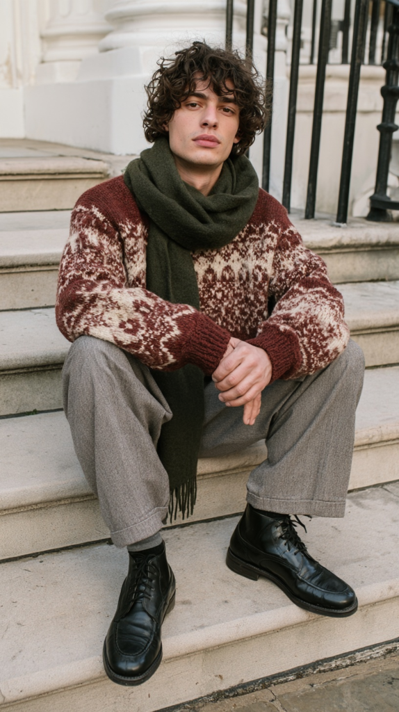 winter-old-money-outfits-inherited-fair-isle-sweater Curly-haired man on steps in Fair Isle sweater, olive scarf, gray trousers, black boots—men’s fall-winter street style