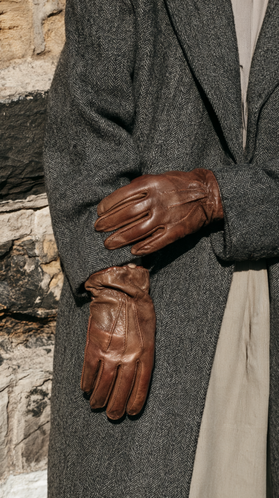 winter-old-money-outfits-inherited-gloves Close-up of brown leather gloves over grey herringbone coat, winter fashion accessory against stone wall.