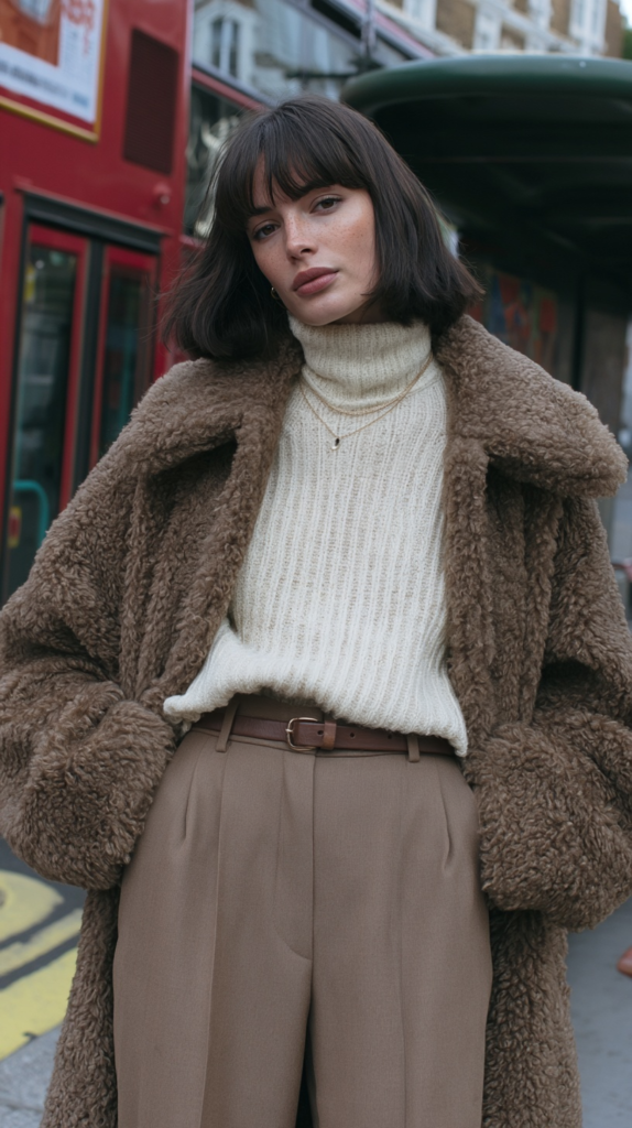 winter-old-money-outfits-inherited-shearling-coat Street style winter outfit: woman in brown teddy coat, cream turtleneck, high-waist trousers by red double-decker bus.