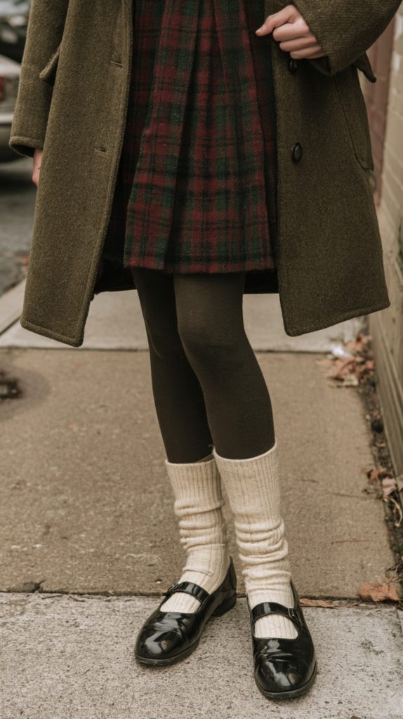 winter-old-money-outfits-inherited-tartan-skirt Fall outfit with tartan plaid skirt, olive wool coat, black Mary Janes, cream slouch socks and tights on city sidewalk.