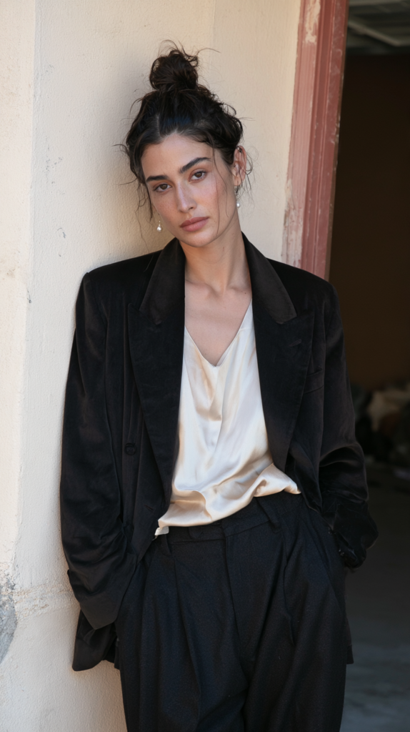 winter-old-money-outfits-inherited-velvet-blazer Minimalist fashion portrait: woman in oversized black blazer and cream silk blouse leaning against wall, messy bun.