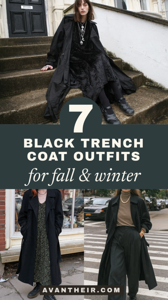 7 black trench coat outfits for fall and winter—women’s street style layering ideas and inspiration.