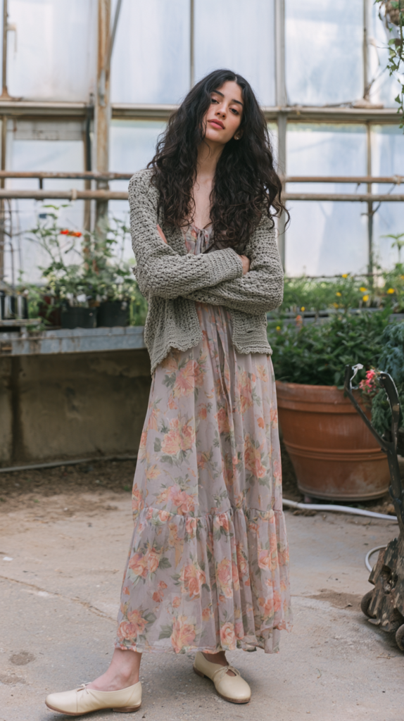 Woman in floral maxi dress and chunky knit cardigan posing in greenhouse, boho spring outfit with beige flats.