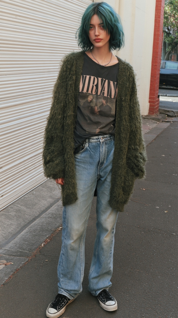 Grunge street style outfit: teal-haired person in fuzzy green cardigan, Nirvana tee, baggy jeans, Converse on city sidewalk.
