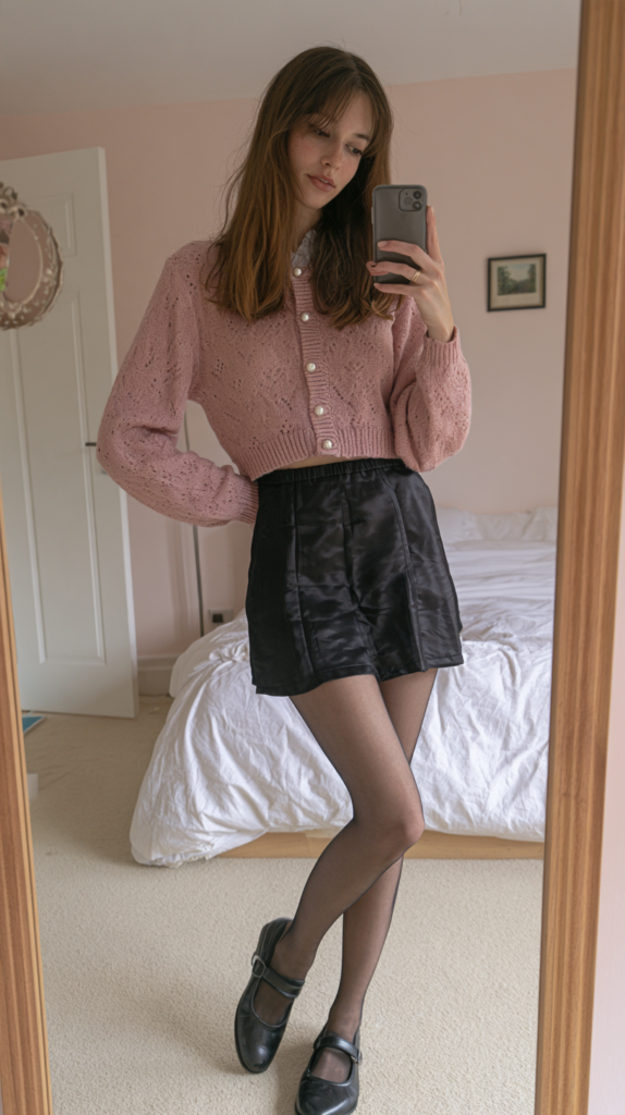 Mirror selfie of person in pink knit cardigan, black satin shorts, sheer tights and Mary Jane shoes in a cozy bedroom.