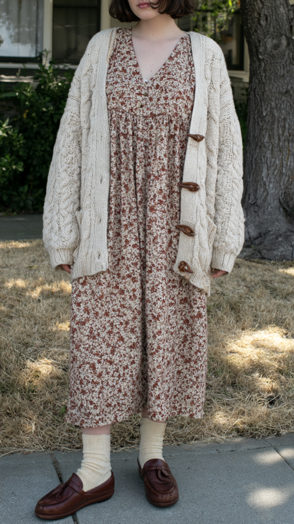 Cozy fall outfit: chunky cream cable-knit cardigan, brown floral midi dress, socks and loafers, street style outdoors.