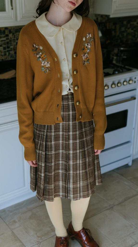 Vintage fall outfit: mustard embroidered cardigan, cream blouse, brown plaid pleated skirt, tights and oxfords in kitchen.