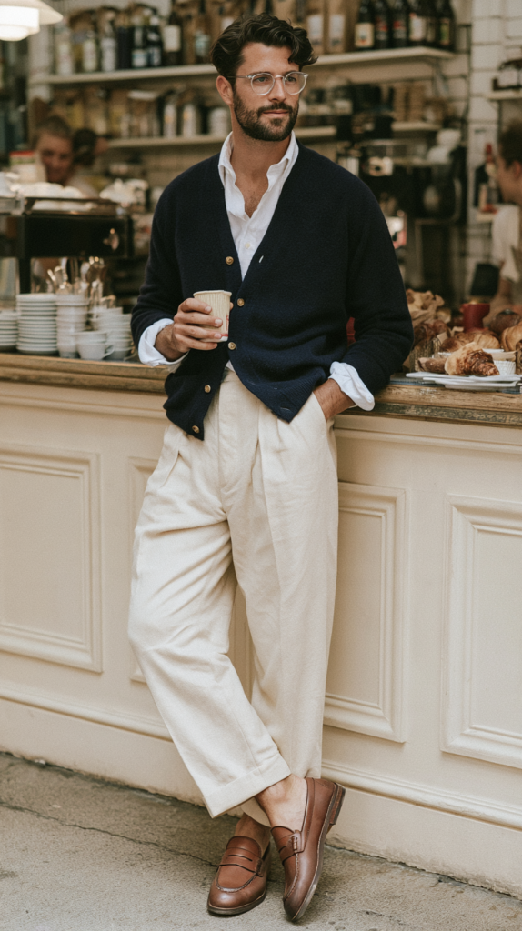 Man in navy cardigan, white pleated trousers and brown loafers sipping coffee at cafe; modern men's street style.