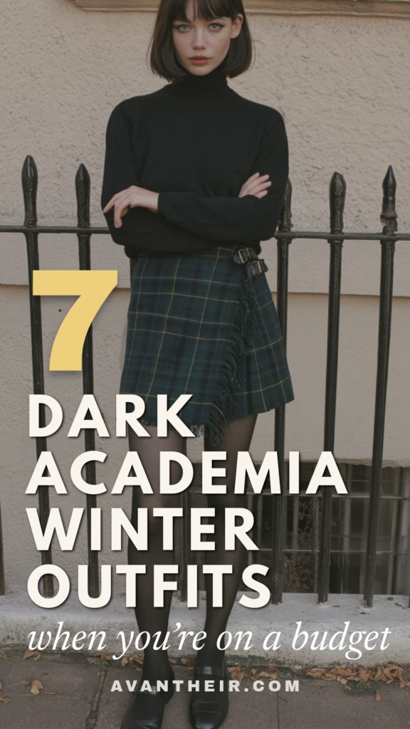 casual-dark-academia-outfit-idea2 Dark academia winter outfit ideas on a budget: black turtleneck, green plaid skirt, tights; 7 looks.