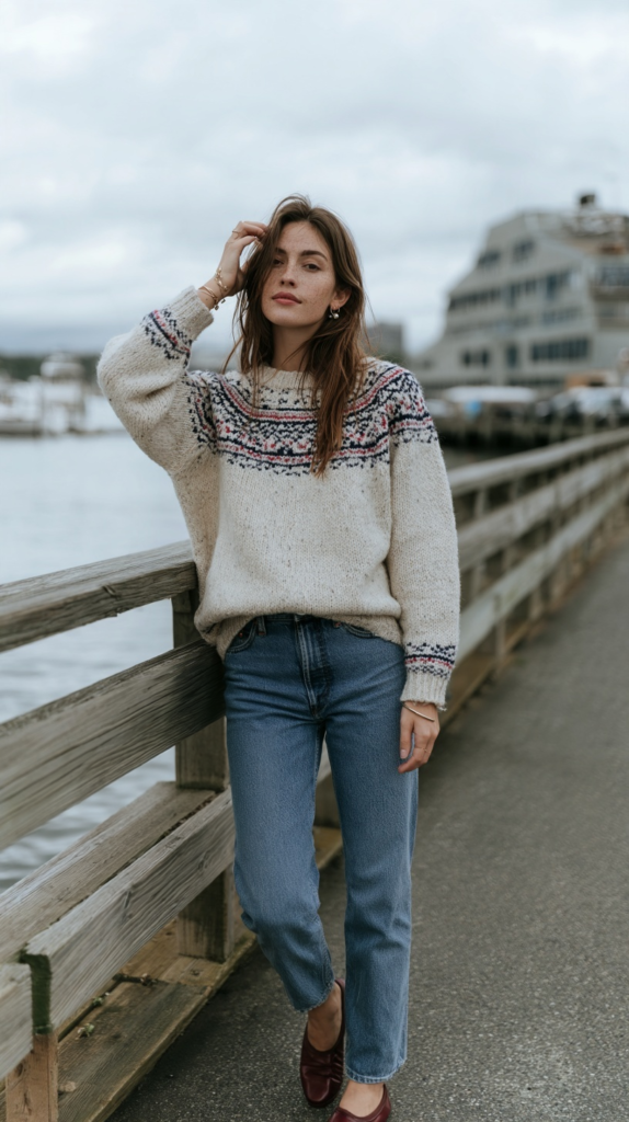 Woman in Fair Isle sweater and jeans walking on waterfront pier on cloudy day, casual fall outfit inspiration