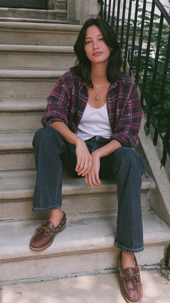 Casual street style: woman on stone steps in plaid flannel, white tank, straight-leg jeans, brown loafers.