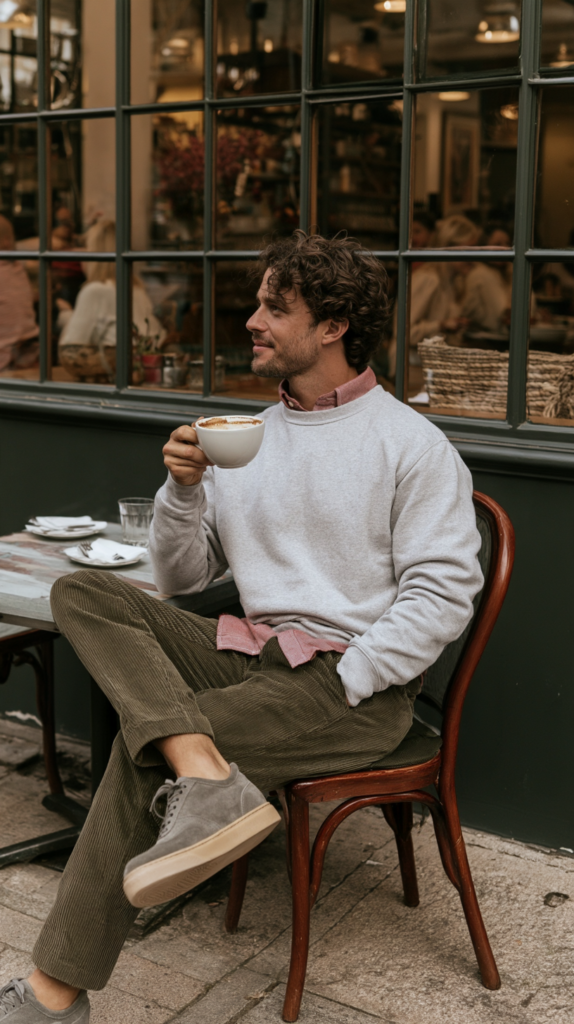 Young man sipping latte at sidewalk cafe, relaxed casual outfit by coffee shop window