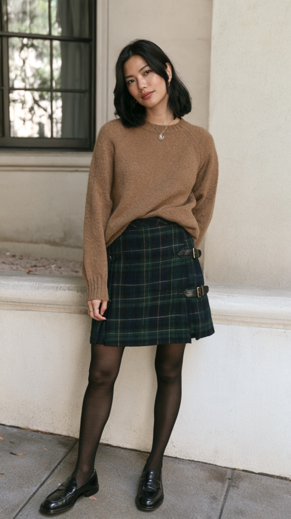 Model in brown sweater and green tartan kilt skirt with black tights and loafers, preppy fall outfit by window.