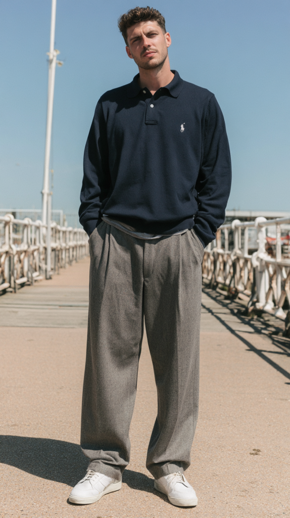 Man in navy long-sleeve polo, gray wide-leg trousers and white sneakers standing on a sunny boardwalk pier