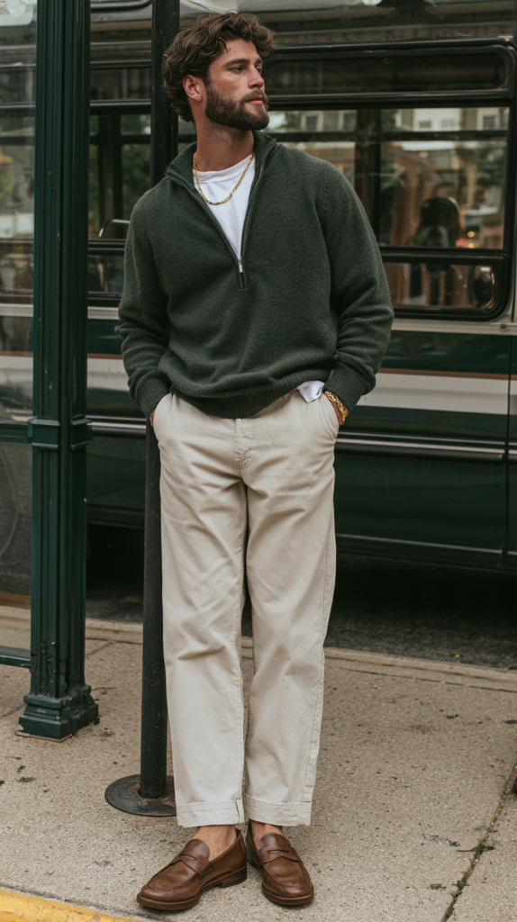 Man in dark green quarter-zip sweater, beige chinos and brown loafers at bus stop; smart-casual men's street style look