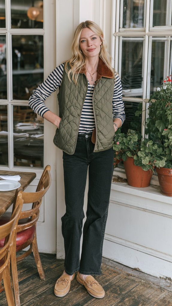 Woman in striped shirt and olive quilted vest, black jeans and loafers by cafe window with potted plants, casual fall look.