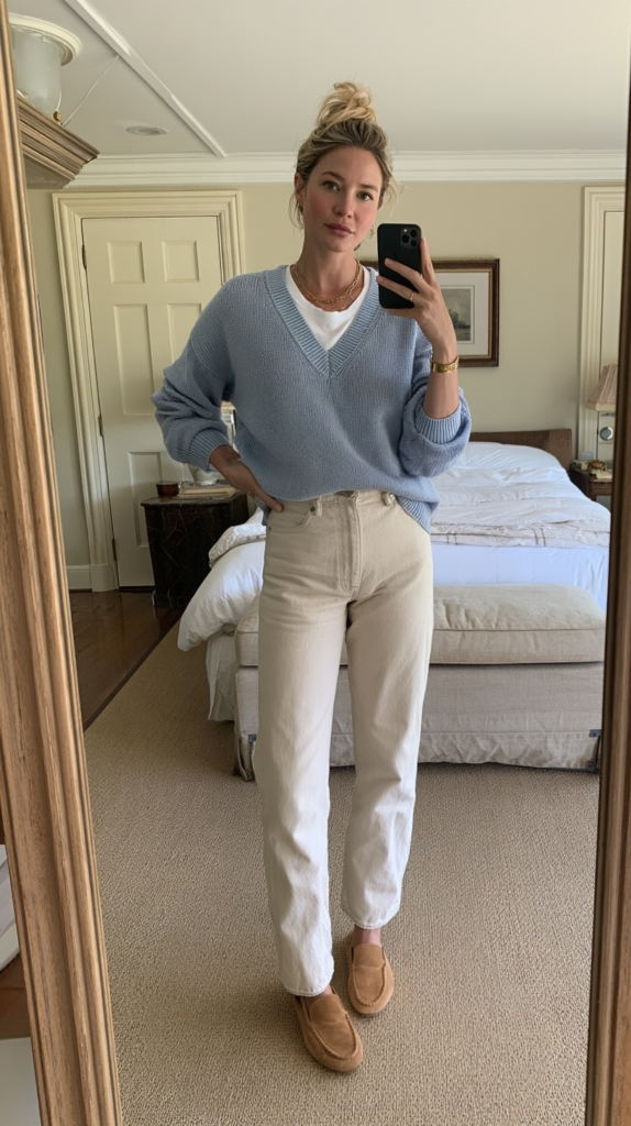 Casual fall outfit mirror selfie: light blue V-neck sweater over white tee, cream high-waist jeans, tan loafers.