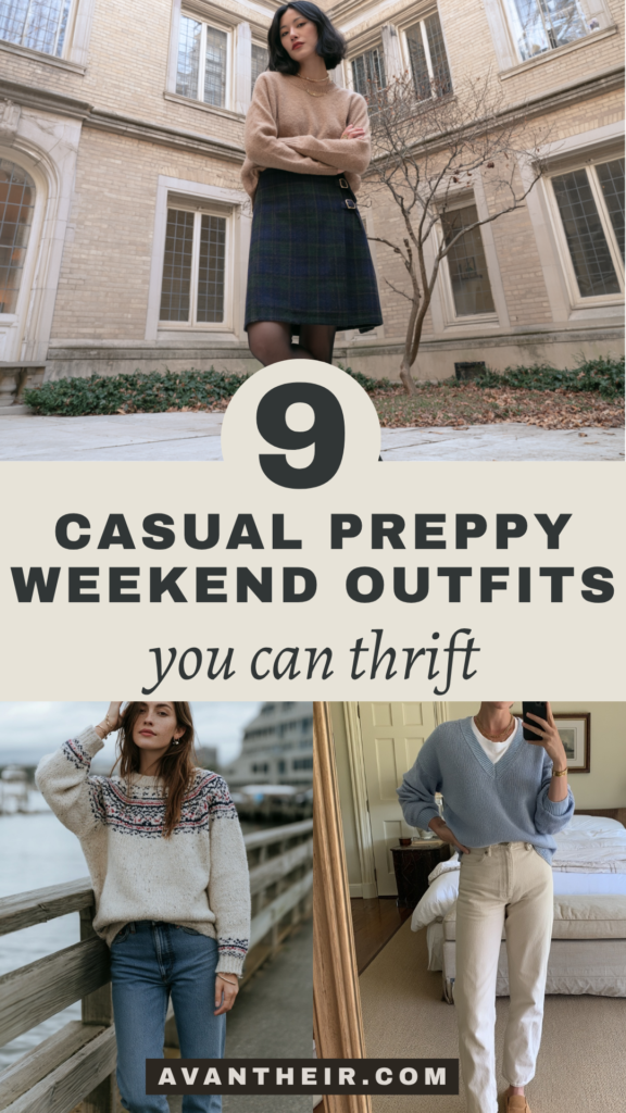 9 casual preppy weekend outfits you can thrift—women’s style: sweater + plaid skirt, Fair Isle knit, v‑neck layers.