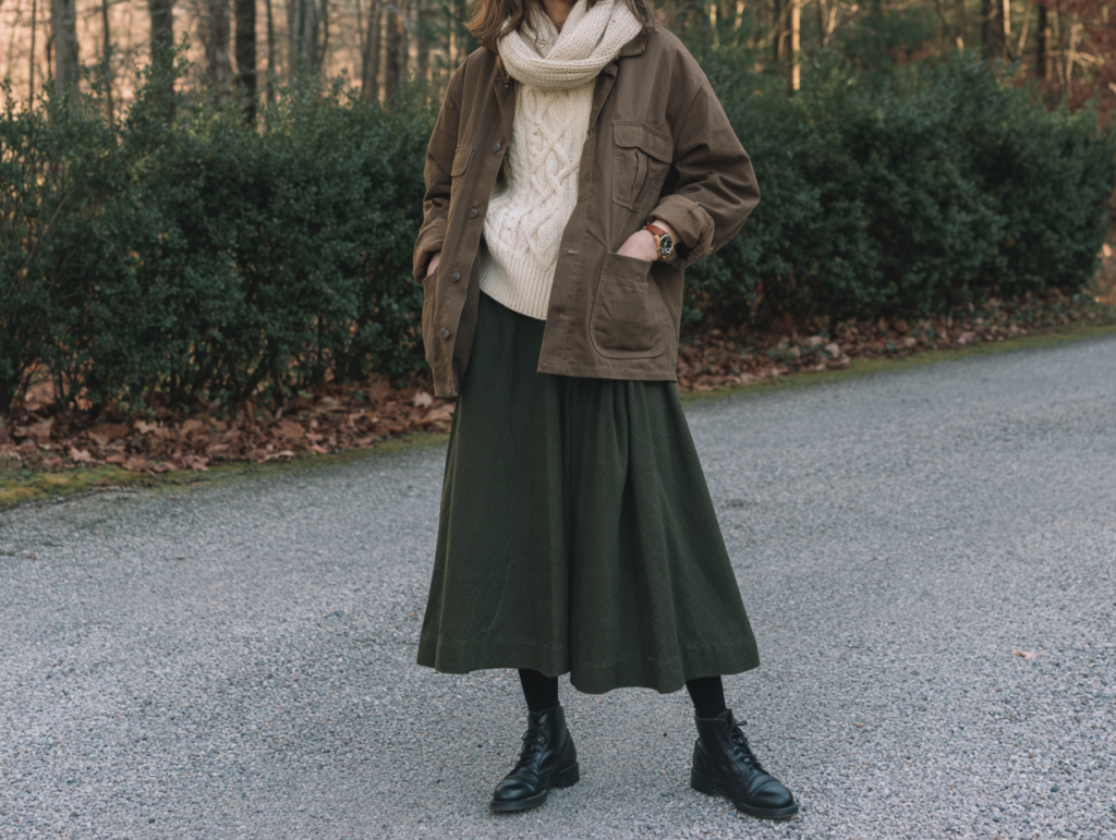 Fall outfit: brown utility jacket, cream cable-knit sweater, green midi skirt, black combat boots on forest path.