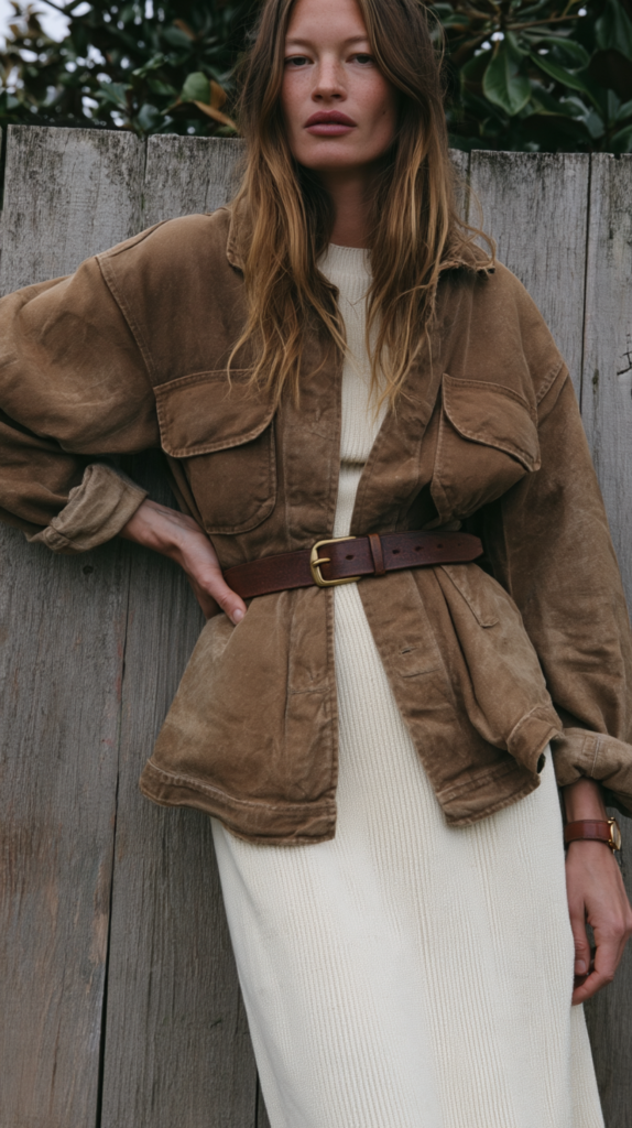 Woman in belted brown utility jacket over cream knit dress, leaning on wooden fence; minimalist fall fashion look.