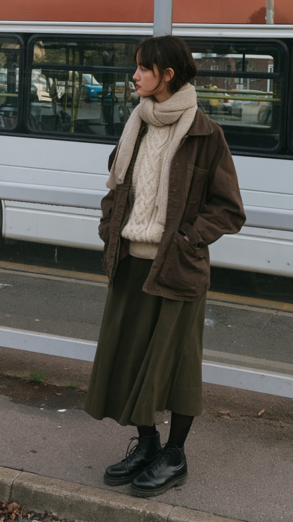 Cozy winter street style at bus stop: woman in brown jacket, cable-knit sweater, scarf, midi skirt and black combat boots.