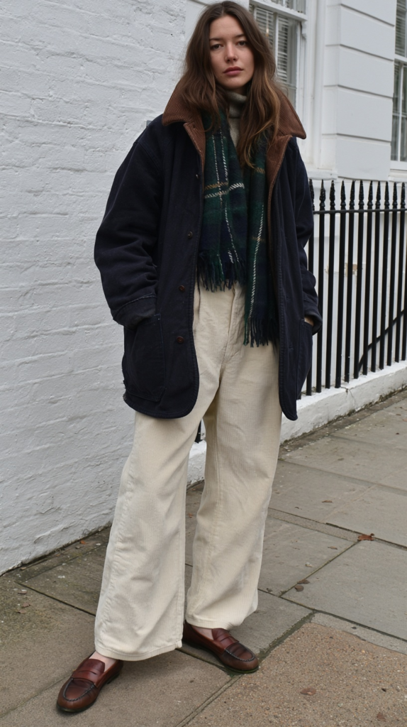 Winter street style: oversized navy jacket, plaid scarf, cream wide-leg corduroys, brown loafers on city sidewalk.