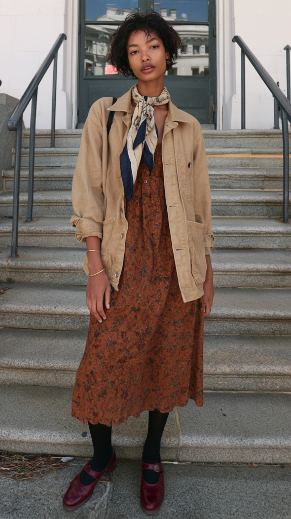 Street style fall outfit: tan chore jacket over rust floral midi dress, silk scarf, black tights, red Mary Jane flats