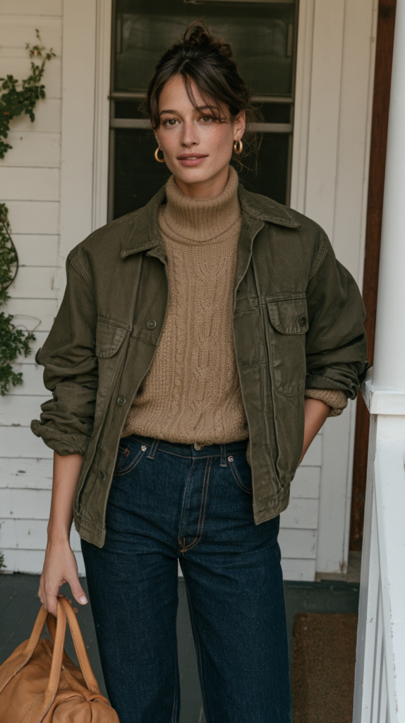 Casual fall outfit: woman in olive utility jacket, tan cable-knit turtleneck and dark jeans, holding tan leather bag on porch