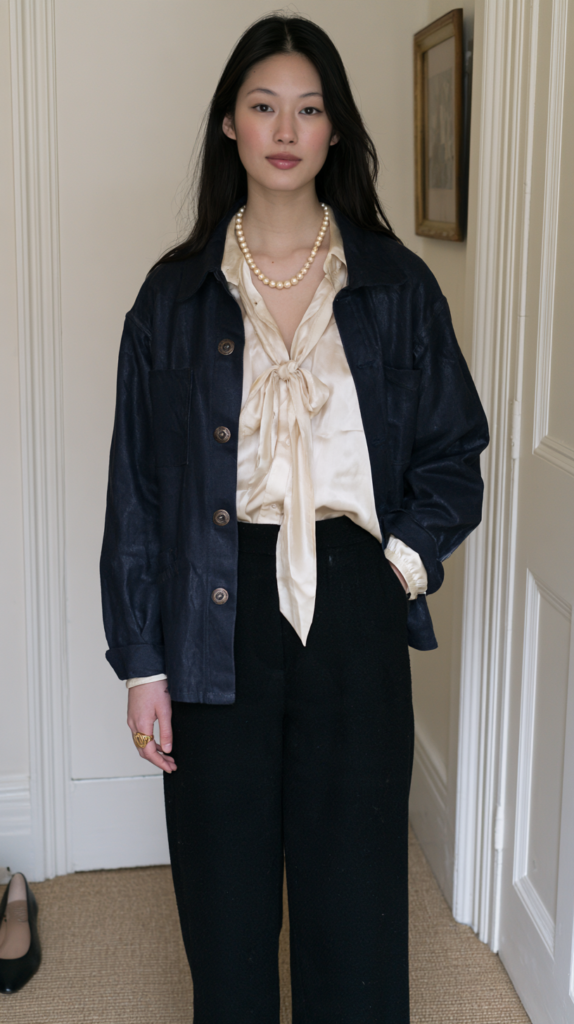 Elegant woman in navy jacket, cream silk bow blouse, pearls and black wide-leg trousers, standing indoors, chic office outfit.