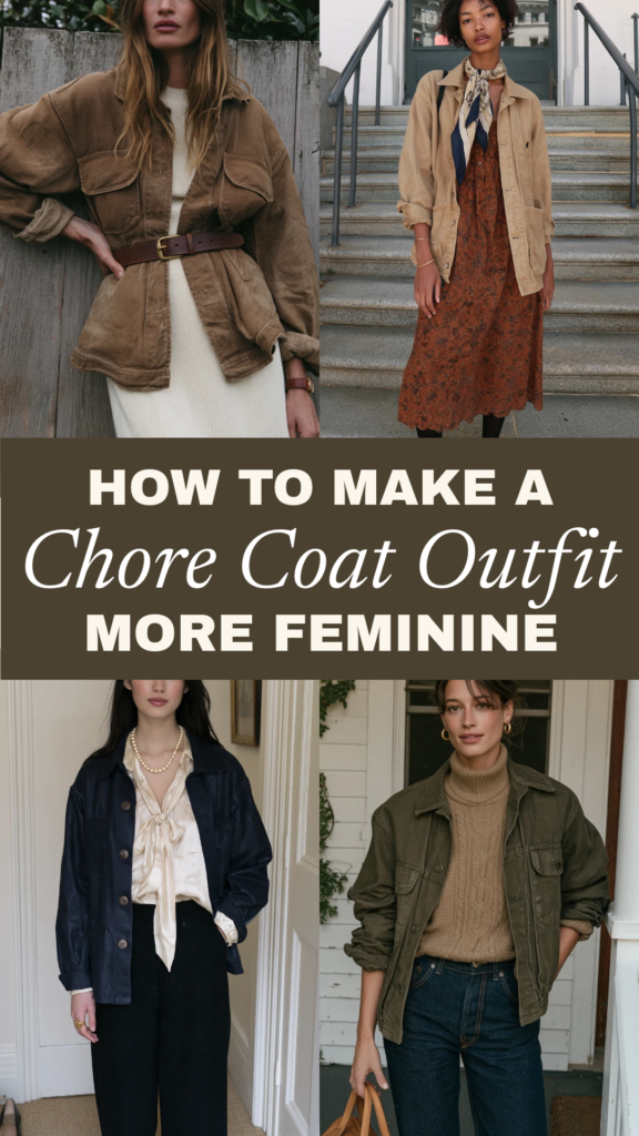 How to make a chore coat outfit more feminine—style ideas with belts, scarves, silk blouses, dresses, turtlenecks.