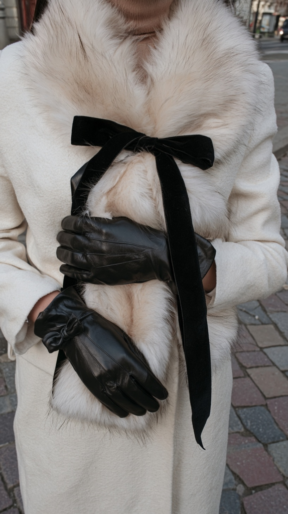 coquette-fall-winter-outfits-accessories Elegant winter fashion: white wool coat with fur collar and black velvet bow, styled with black leather gloves on city street
