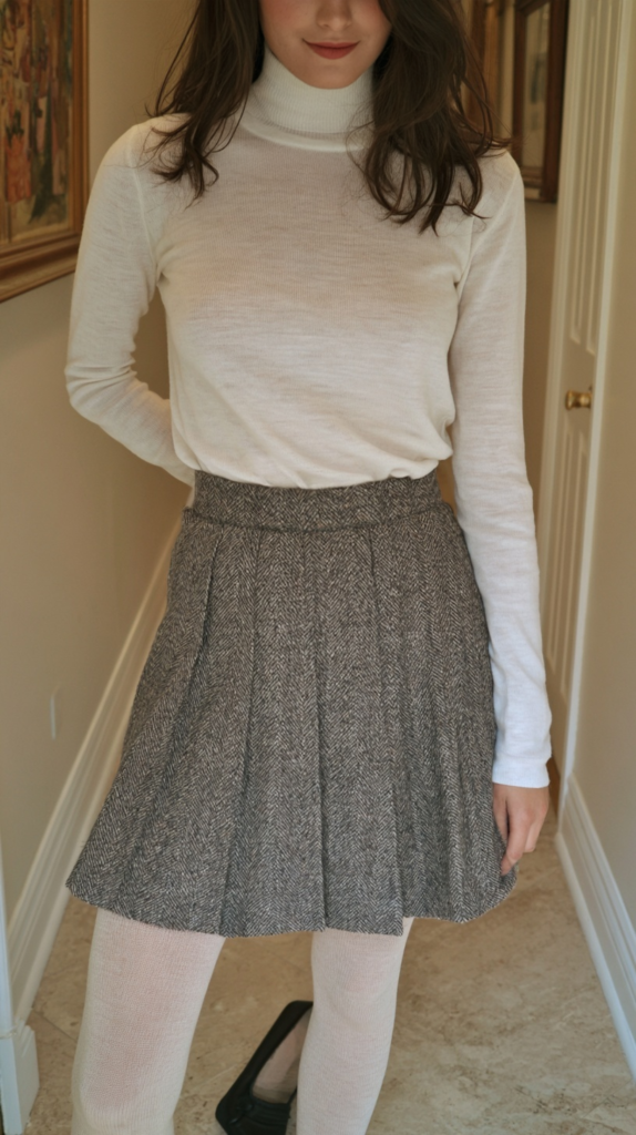 coquette-fall-winter-outfits-baselayer Preppy fall outfit: white turtleneck, gray herringbone pleated skirt, cream tights, black flats indoors.