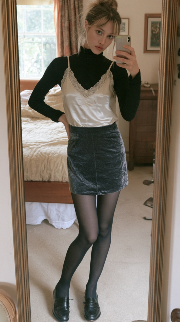 coquette-fall-winter-outfits-camisole Mirror selfie outfit: black turtleneck with white satin camisole, velvet mini skirt, black tights and loafers in bedroom