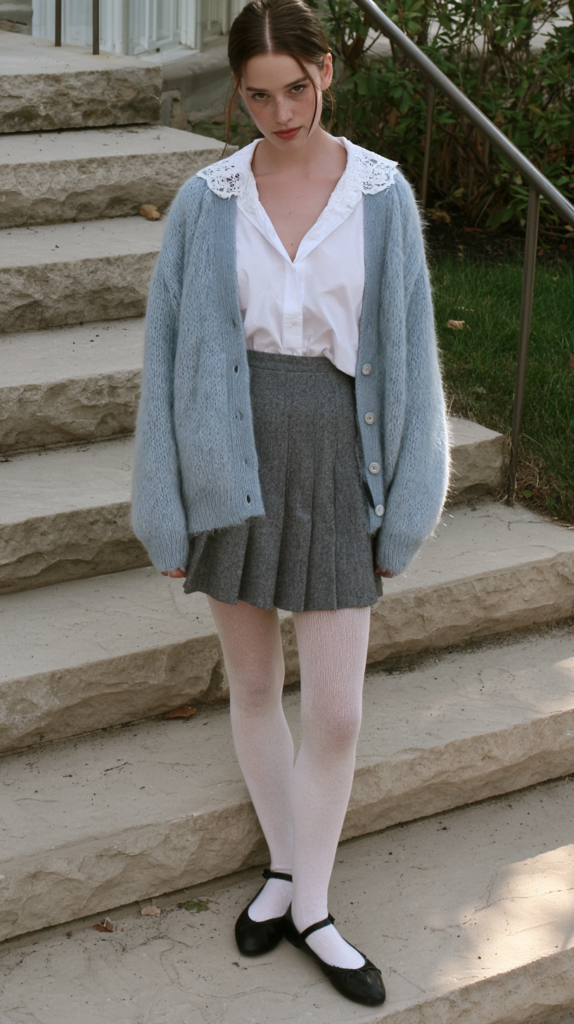 coquette-fall-winter-outfits-cardigan Preppy fall outfit with blue cardigan, lace-collar white blouse, gray pleated skirt, white tights and black ballet flats
