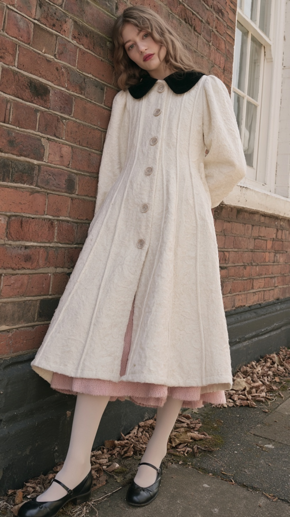 coquette-fall-winter-outfits-coat Vintage white textured coat with black collar, puff sleeves over pink dress; white tights, Mary Jane flats by brick wall.