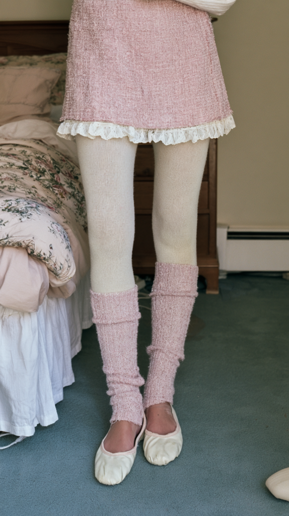 coquette-fall-winter-outfits-legwarmers Pink leg warmers over cream tights, ballet flats, and pink mini skirt with lace trim in cozy bedroom; balletcore style.