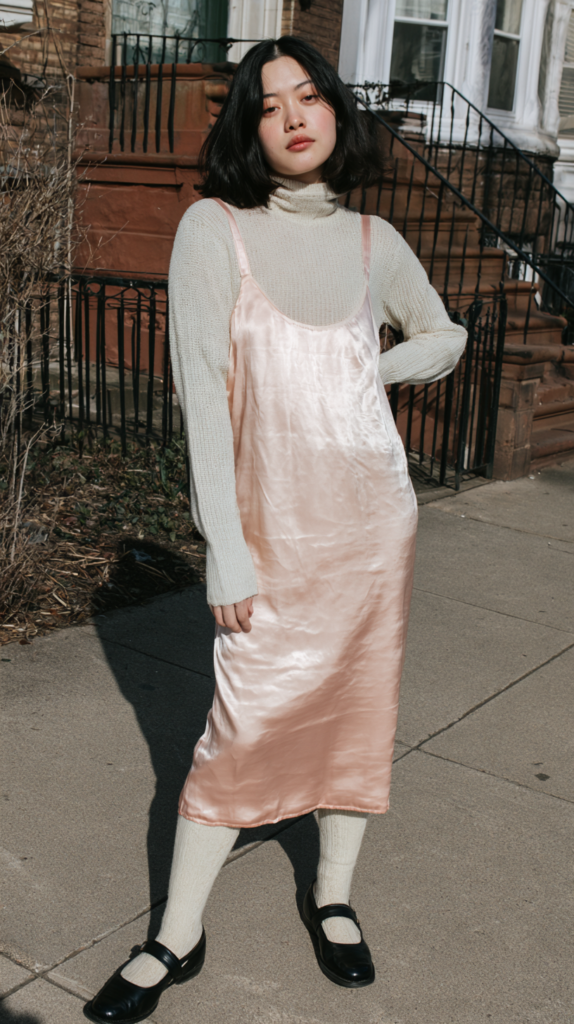 coquette-fall-winter-outfits-pink-slip Street style: pink satin slip dress over cream turtleneck, knee-high socks and Mary Janes on city sidewalk by brownstones.