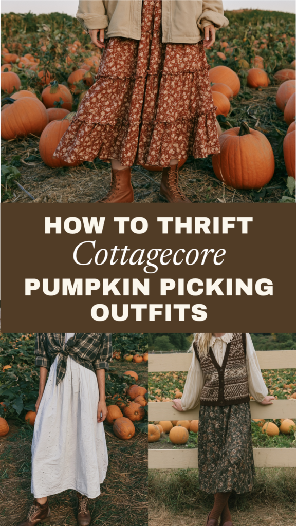 cottagecore-pumpkin-picking-outfit-ideas Cottagecore pumpkin patch outfits: thrifted fall fashion—floral skirt, boots, plaid shirt, sweater vest inspiration.
