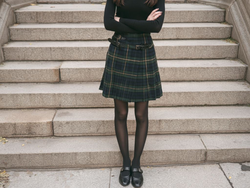 Woman in black top, tartan skirt and tights standing on stone steps, arms crossed—preppy fall fashion outfit.