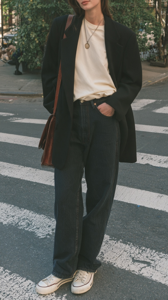 dark-academia-winter-outfits-blazer Street style outfit: oversized black blazer, white tee, wide-leg dark jeans and white sneakers at a city crosswalk.