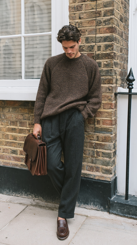 dark-academia-winter-outfits-brown-sweater Men’s fall street style: man in brown knit sweater, charcoal trousers and loafers, holding leather briefcase by brick wall.