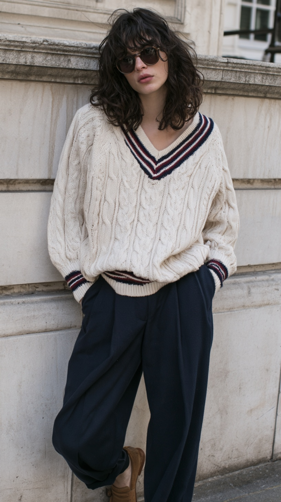 dark-academia-winter-outfits-cricket-sweater Street style: woman in cream cable-knit V-neck varsity sweater, navy wide-leg trousers, sunglasses, brown loafers.
