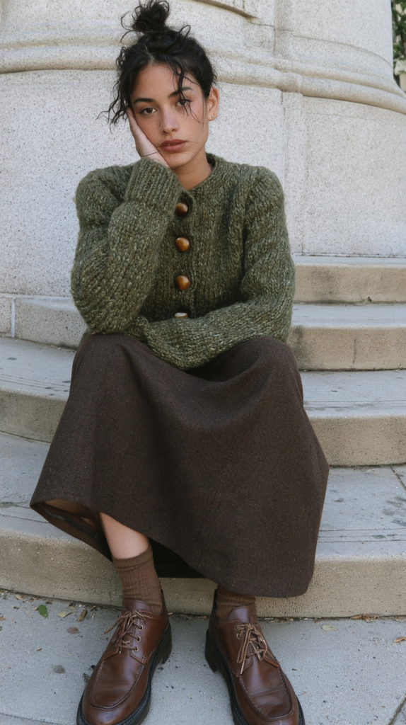 dark-academia-winter-outfits-green-cardigan Model in green chunky knit cardigan, brown midi skirt and leather loafers sitting on stone steps, cozy fall fashion.