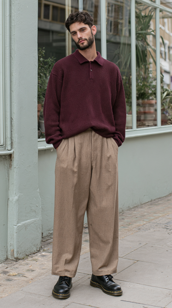 dark-academia-winter-outfits-oxblood-sweater Men’s fall fashion street style: burgundy knit polo, wide-leg beige trousers, black leather shoes.