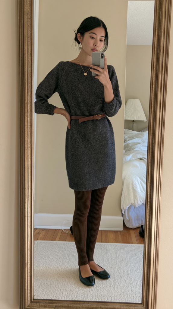 dark-academia-winter-outfits-sweater-dress Mirror selfie of woman in gray belted sweater dress, brown ribbed tights, black flats; cozy fall outfit in neutral bedroom.