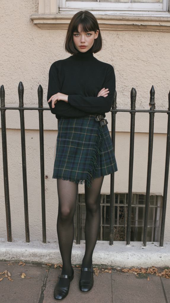 dark-academia-winter-outfits-tartan Street style: woman in black turtleneck, tartan wrap skirt, tights and Mary Janes by iron fence, fall fashion.