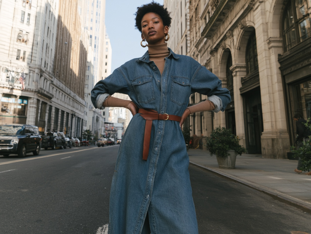Street style: model in belted denim shirt dress over turtleneck, posing on a city street with historic buildings.