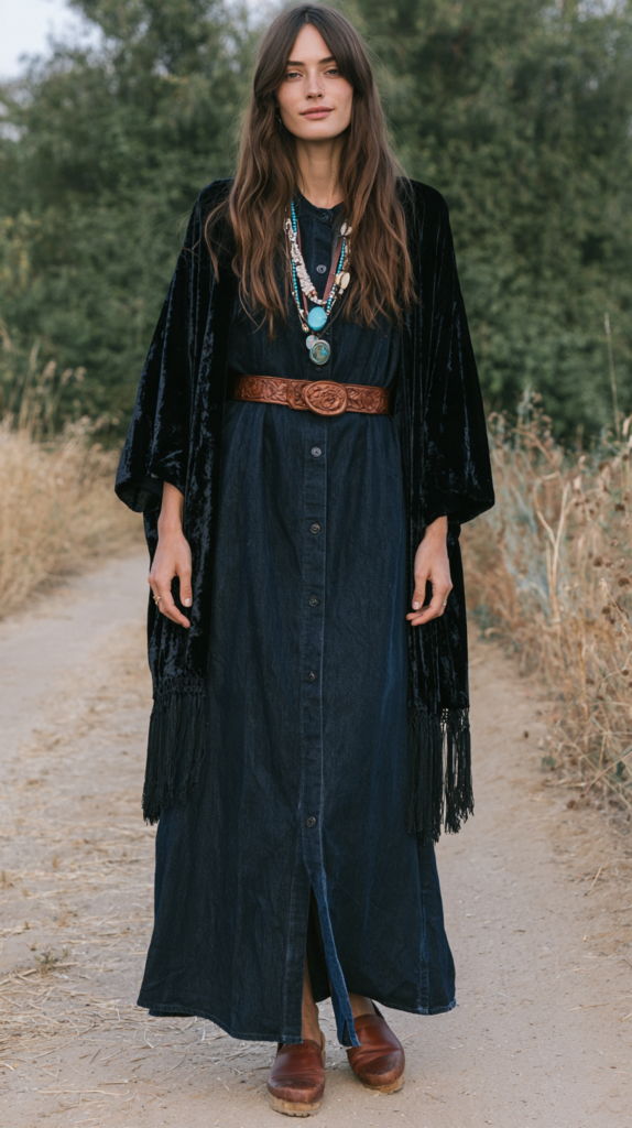 Woman in boho denim maxi dress, velvet kimono, turquoise layered necklaces and carved leather belt on dirt path outdoors